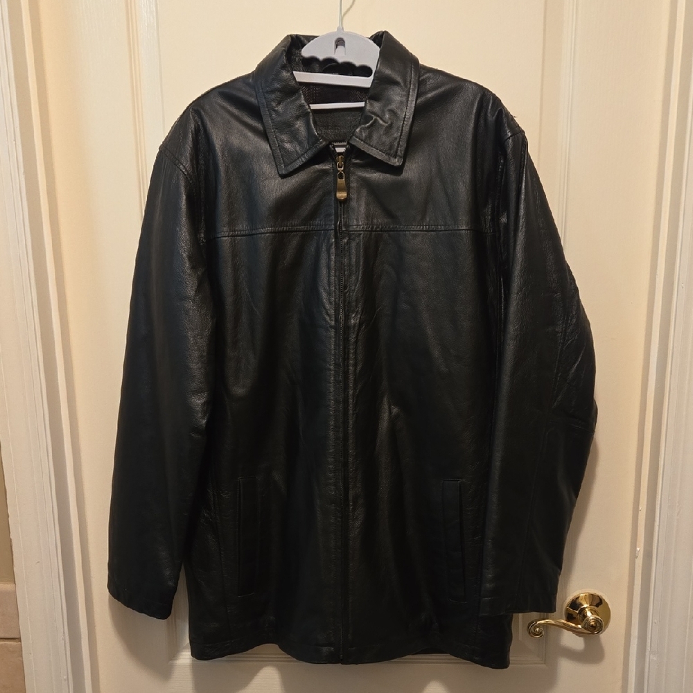 Knightsbridge Classic Black Leather Jacket Plaid Lining Zip Closure 4 Pockets S